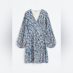 H&M Pleated Wrapover long sleeve Dress blue / white patterned print size XL